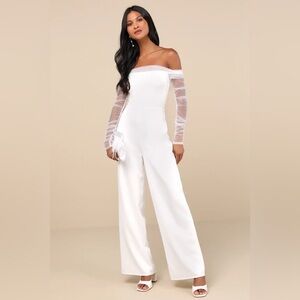 Lulus Eternal Bliss White Tulle Off-the-Shoulder Wide-Leg Jumpsuit